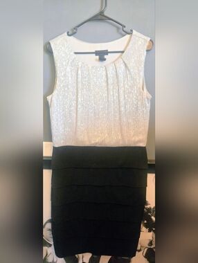 Enfocus Studio Shimmer White and Black Sleeveless Sheath Dress sz 14 Like New